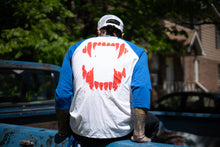Load image into Gallery viewer, Shred white and blue fangs raglan T
